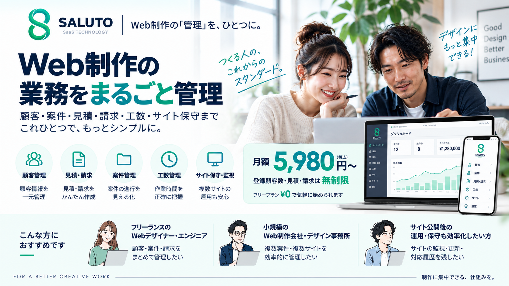 SALUTO料金プラン公開｜月額5,980円から、Web制作の管理をひとつに