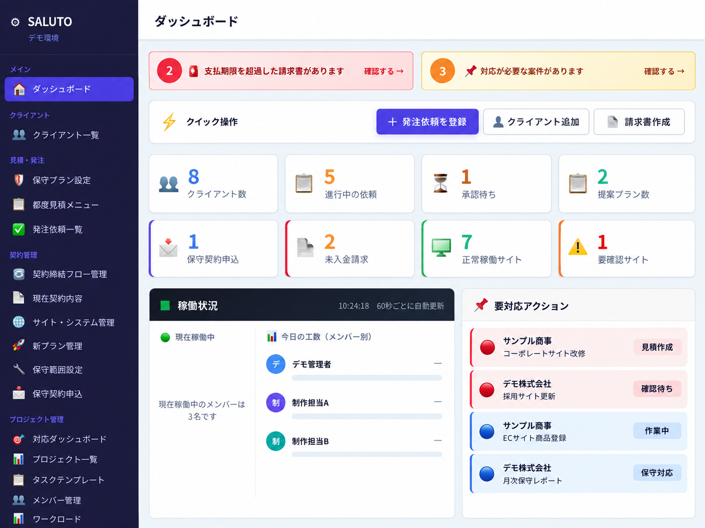 SALUTOの管理画面。顧客、案件、請求、稼働状況を確認できるダッシュボード